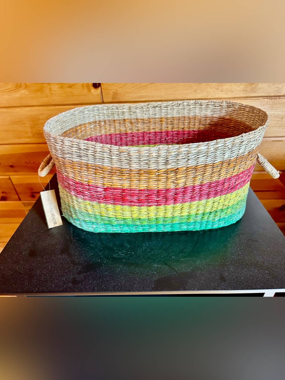 Tag Handwoven Seagrass Basket in Natural, Pink, Yellow, Green, Teal